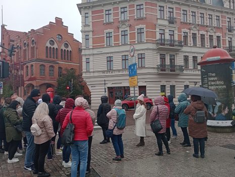 Zdjęcie przedstawia grupę zwiedzających skierowaną w stronę budowli.